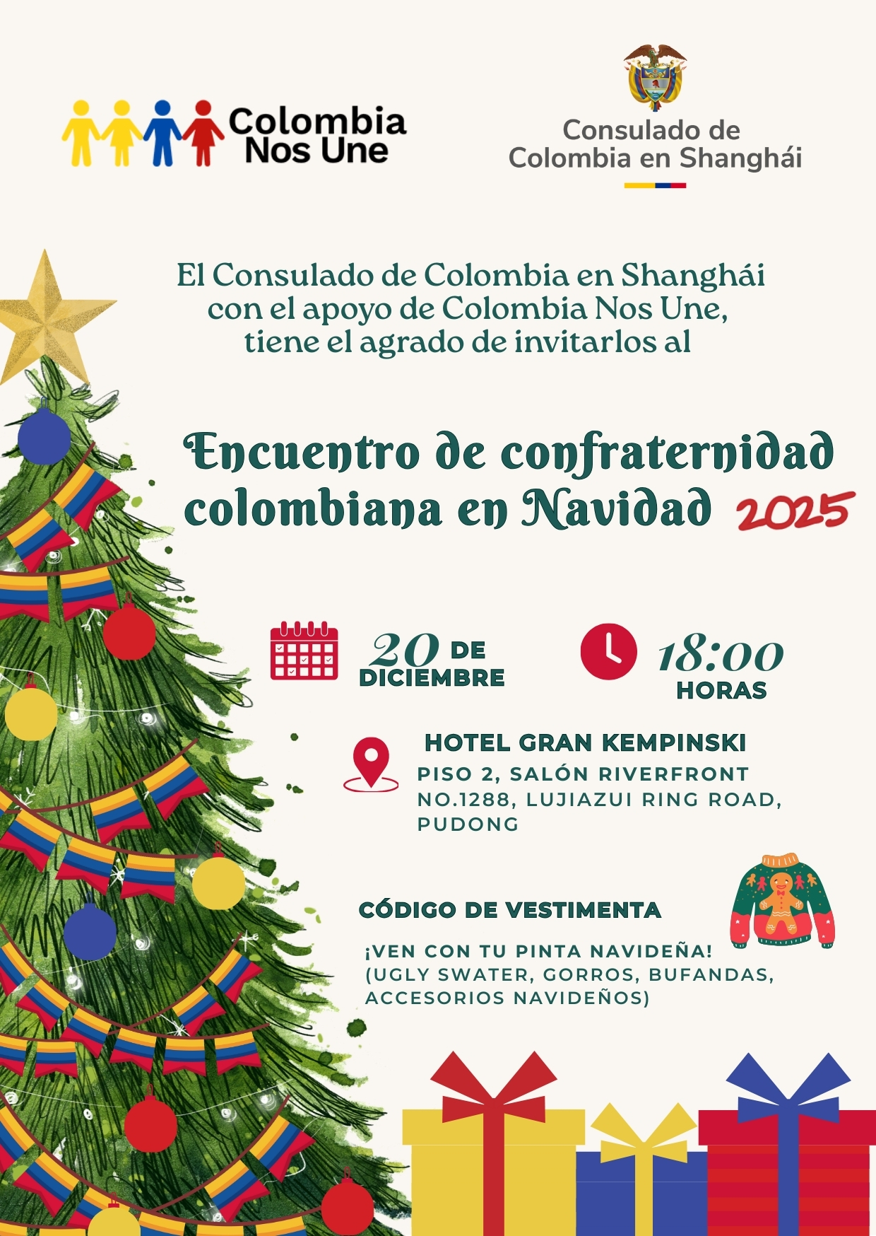 Reciban un cordial saludo, acompañado de nuestros mejores deseos para estas fiestas de fin de año. Desde el consulado los invitamos a participar en el “Encuentro de confraternidad colombiana en Navidad 2025”, a realizarse este sábado 20 de diciembre, de las 18:00 a las 21:00 horas. Debido a que sólo hasta el día de ayer el Ministerio nos confirmó la aprobación de los recursos para realizar el evento, no fue posible hacer la convocatoria con la antelación que hubiéramos querido. Por lo tanto, agradecemos que sean multiplicadores de esta actividad con todos los colombianos que conozcan, para que celebremos juntos esta fecha tan especial. Asimismo, agradecemos registrarse en el código QR de la invitación abajo, lo que es fundamental para su ingreso a la actividad. Por favor hacer un registro por persona. ¡Los esperamos el sábado para celebrar en familia!