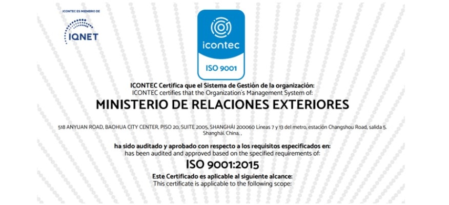 Consulado de Colombia en Shanghái obtuvo la certificación ISO 9001:2015