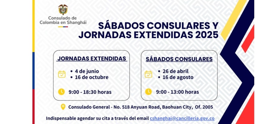 Cronograma 2025 con Jornadas Extendidas y Sábados Consulares en el Consulado de Colombia en Shanghái