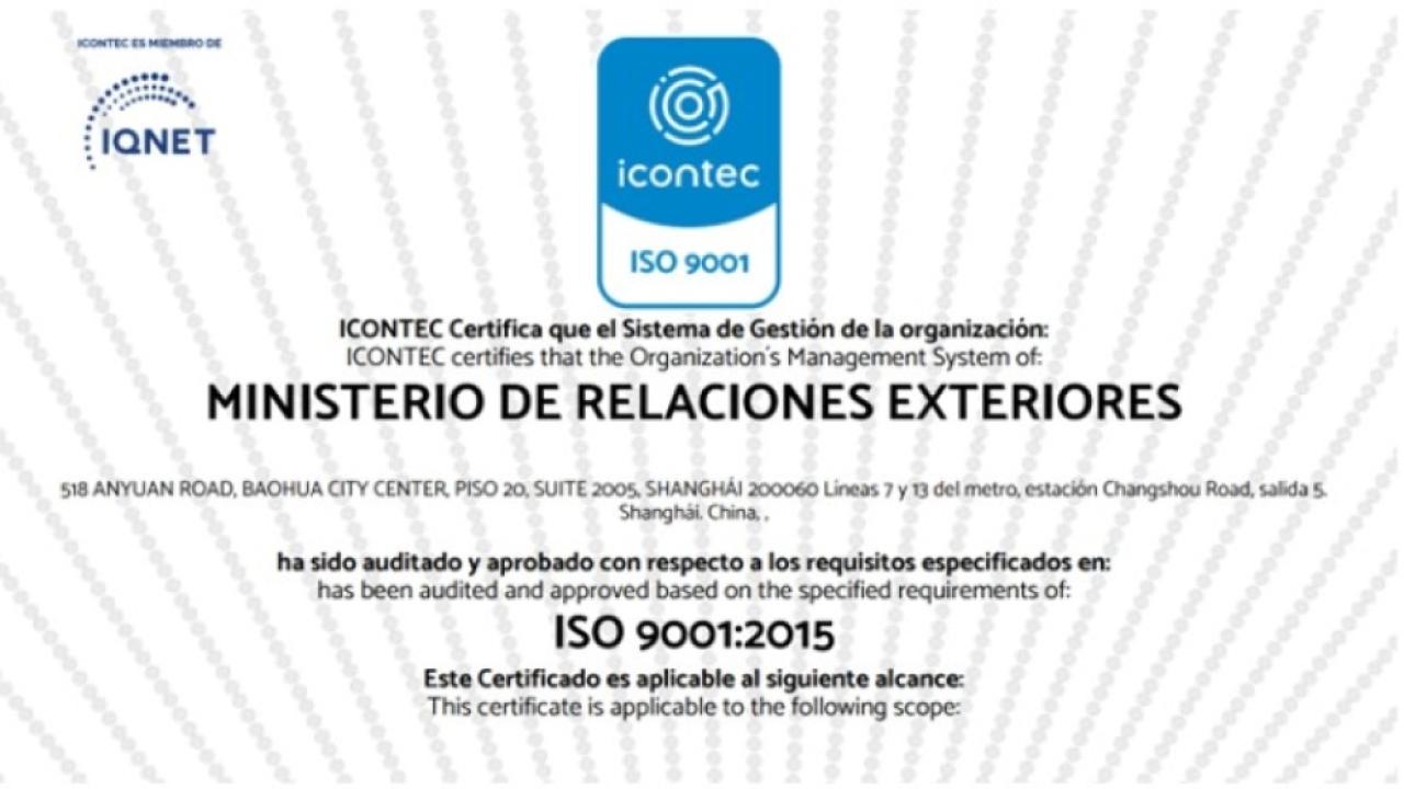 Consulado de Colombia en Shanghái obtuvo la certificación ISO 9001:2015